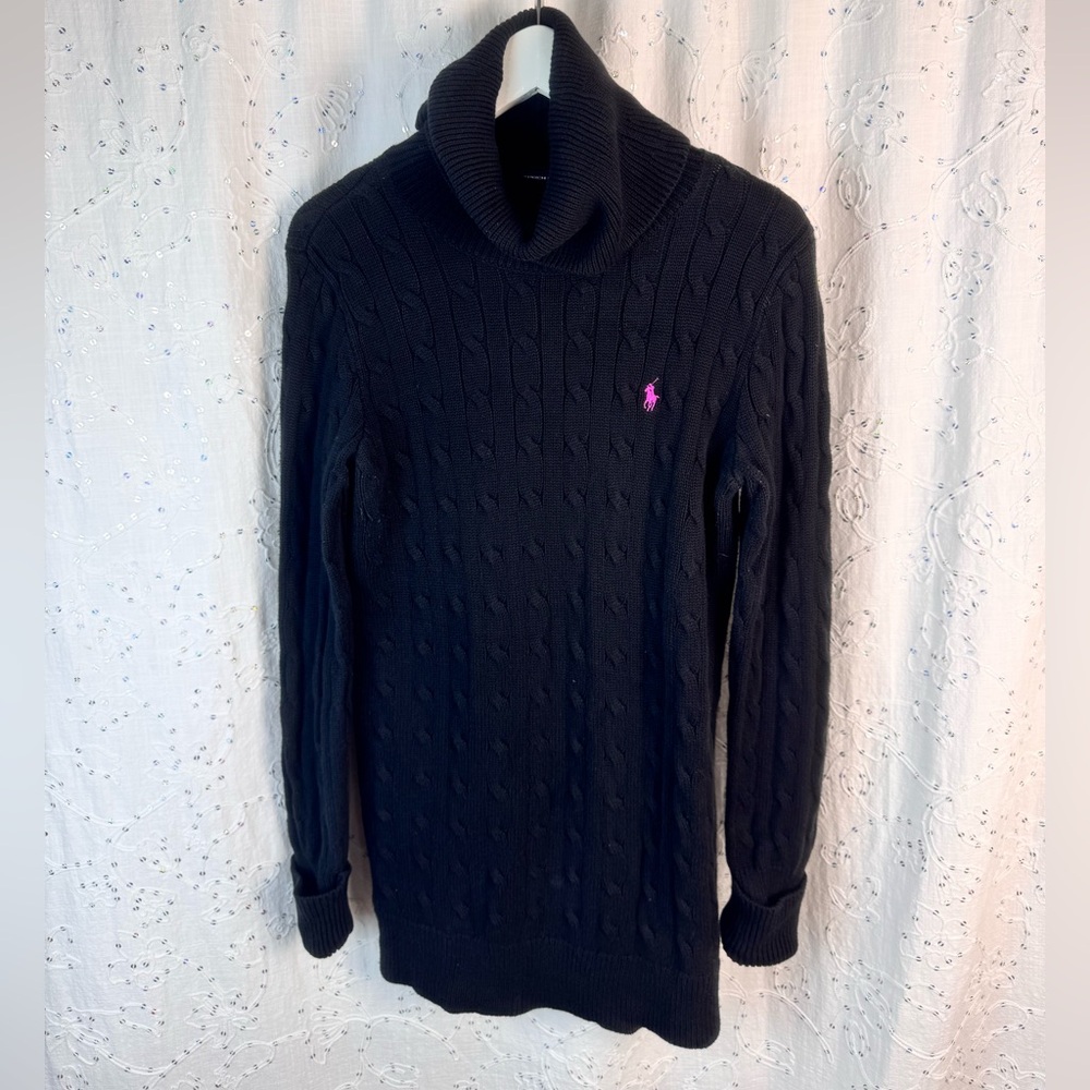 Ralph Lauren Sport Black Cable Knit Turtleneck Sweater Dress Pink Pony M